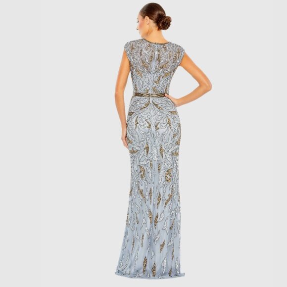 Mac Duggal 5532 Size 8 Blue Gold Beaded‎ Sequined Column Gown Long Maxi Dress - Picture 6 of 6